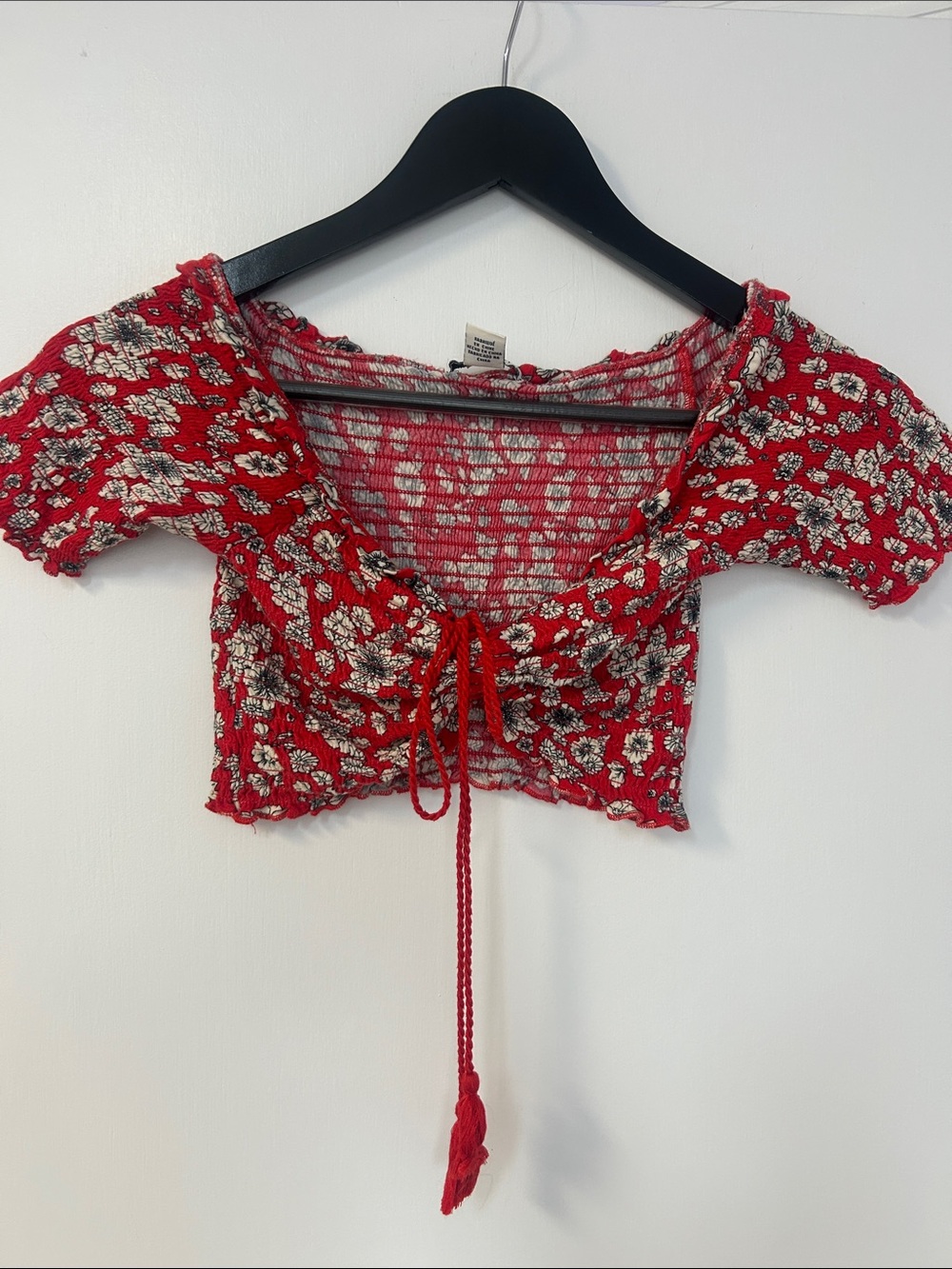Floral Red Cropped Tie-Front Top